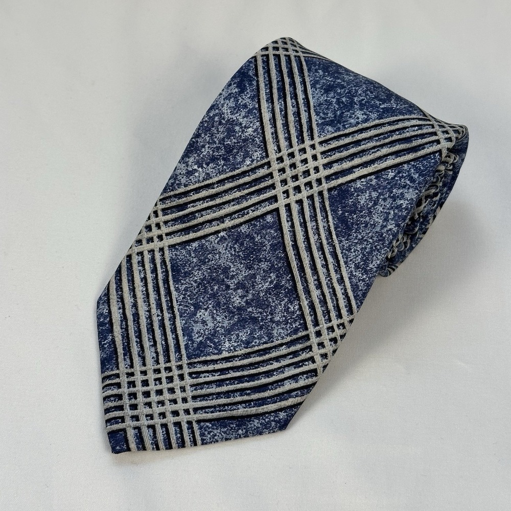 Gianfranco Ferre Silk Tie Blue Windowpane Plaid Mottled Italy Made 3.5"W 58"L